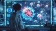 A woman in a white lab coat is looking at a computer screen with a virus on it. Scene is serious and focused, as the woman is likely a scientist studying the virus
