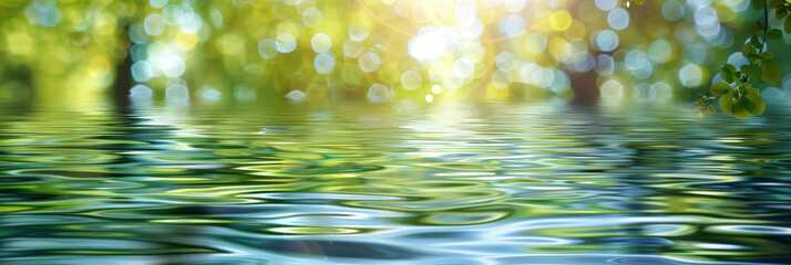water and green trees with sunlight reflections on blurred nature landscape background ,banner. abst