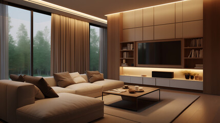 Wall Mural - Elegant Modern Living Room Interior with Nature View, Minimalist Furniture and Warm Lighting