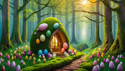 Easter bunny's house made of Easter eggs in the middle of a forest.