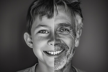 Wall Mural - portrait of same young and old man smiling, AI generated