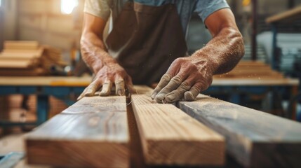 close up man owner a small furniture business is preparing wood for production. carpenter male is adjust wood to the desired size. architect, designer