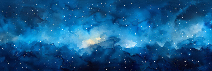 Wall Mural -  blue gradient watercolor Starry sky background, dark blue Watercolor  galaxy background with stars and nebulae, Blue watercolor space ,banner