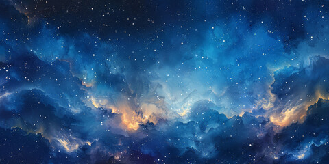 blue gradient watercolor starry sky background, dark blue watercolor galaxy background with stars an