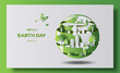 World Earth Day, eco city and world filled with green leaves, paper illustration, and 3d paper.
