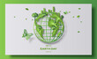 World Earth Day, eco city and world filled with green leaves, paper illustration, and 3d paper.
