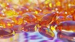 Shimmering golden fish oil capsules scattered, reflecting rich colors and light