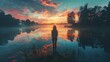 In a tranquil moment, a woman stands alone at the edge of a lake, watching the sky ablaze with sunset colors reflecting on the still water.