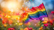 A vibrant rainbow flag dances gracefully in a lush field of colorful flowers, creating a striking and harmonious scene celebrating love and diversity