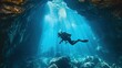 Underwater divers explore caves and blue water landscapes with sun rays