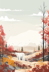 Polar bears, pine trees and autumn woodland on autumn background.