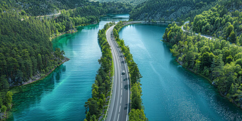 Wall Mural - Aerial view of a road in the middle  lake and forest on both sides, road in forest with lake background