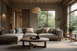 Harmonisches Japandi-Wohnzimmerdesign mit Blick auf grüne Natur und eleganter Holzeinrichtung