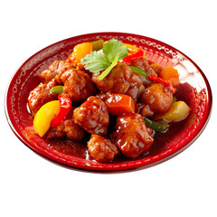 Wall Mural -  front view of delectable Sweet and Sour Chicken served in a traditional red lacquer plate, food photography style isolated on a white transparent background. 