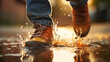 Golden sunlight highlights the moment of a person's vibrant orange shoes making contact with a shallow puddle