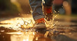 Vibrant image focusing on someone's feet hitting a water puddle, resulting in dynamic splashes captured with high detail