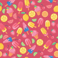 Fototapete - Summer pattern of ice cream and citrus fruits. Slices of juicy lemons and orange mixed with ice cream on a stick.