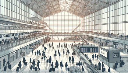 Concept of an international airport with many people coming and going. Vector illustration.