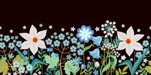 Horizontal Seamless Floral Border With Cute Cartoon Spring White And Blue Flowers And Green Leaves On Black Background. Fashionable Romantic Print For Fabric.