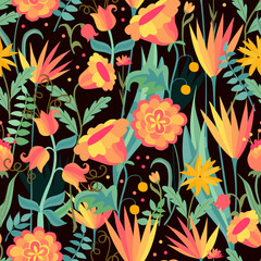 Wall Mural - Layered seamless pattern for fabric with colorful flowers on a black background. Print for fabric and textile. Vector illustration