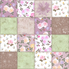 Wall Mural - ПечSeamless floral patchwork pattern with roses and Jerusalem artichoke in pastel colors. Beautiful print for fabric in retro style.ать