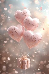 Poster - Heart shaped balloons and gift box on bokeh background, valentines day concept