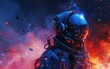Astronaut Amidst Cosmic Blaze, astronaut, cosmic, blaze, space, helmet, visor, reflection, sparks, interstellar, flames, suit, exploration, science, fiction, fiery, red, blue, glow, embers, floating
