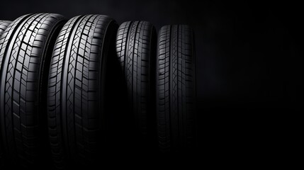  car tires lined up black studio shot background