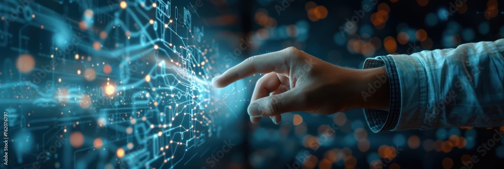 Human hand touching a digital interface with glowing connections ...