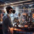 Futuristic engineer with VR headset working in a high-tech lab with advanced robotic arms and holographic projections.