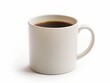 Close-up of a full white mug with coffee against a clean white background, symbolizing refreshment and simplicity.