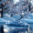 Bathed in soft blue tones, the delicate ice crystal glistens like a precious gem, enhancing the wintry scene with its ethereal glow.