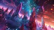 a realm of virtual reality where vast, crystalline spires stretch towards the digital sky, surrounded by a sea of shimmering code, pulsating with the heartbeat of a digital world.