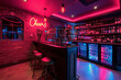 A sleek bar area with a black counter, two stools, a wine rack, and a neon sign that says 