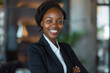 african woman in business suit smiling and ready to promote, modern day workplace, office photo, in the style of innovating techniques