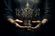 
Photography focusing on the hands holding the crown, detailed enough to see the texture of the skin against the metal of the crown, representing the human aspect of monarchy.