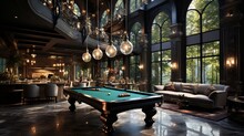 Pool Table In Bright Room With Windows