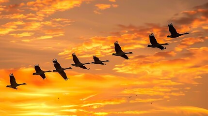 A migrating flock of geese flying in V-formation across a sunset sky.