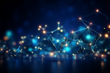 Abstract blue background with interweaving of colored dots and lines, network connection structure