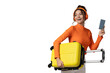 PNG,A young girl in headphones and with a yellow suitcase, isolated on white background