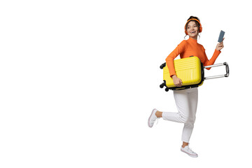 Wall Mural - PNG,A young girl in headphones and with a yellow suitcase, isolated on white background