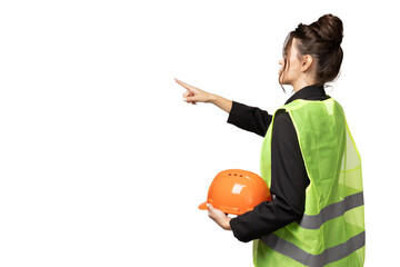 Wall Mural - PNG,young girl in the uniform of a construction worker with a hard hat, isolated on white background