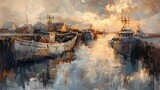 Fototapeta  - a painting of paint with brown and grey tones,fishing port at dusk ,, atmospheric blues, light bronze and orange, distressed and weathered surfaces, 