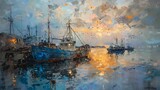 Fototapeta  - a painting of paint with brown and grey tones,fishing port at dusk ,, atmospheric blues, light bronze and orange, distressed and weathered surfaces, 