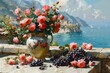 painting of still life with a jug of water, grapes and roses on the Mediterranean Sea, For wall art, digital art, home decor , background and wallpaper