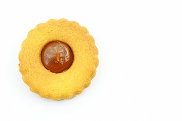 A round shortbread cookie with chocolate