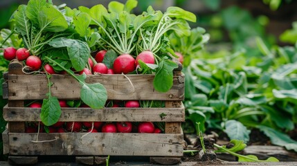 Wall Mural - crate full of fresh, red radishes on a wooden surface amidst green, leafy plants. Concept of biological, bio products, bio ecology, grown by yourself, vegetarians