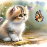 Fototapeta Most - A watercolor painting depicting a charming scene where a cute, small cat is curiously looking at a butterfly