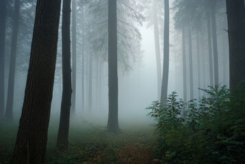 Canvas Print - Mysterious dark forest in a foggy morning. Misty landscape