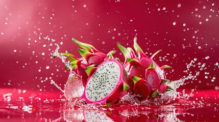 Wall Mural - Water splashing on Ripe pitahaya fruit or dragon fruit with half isolated on red background,Generative ai, 